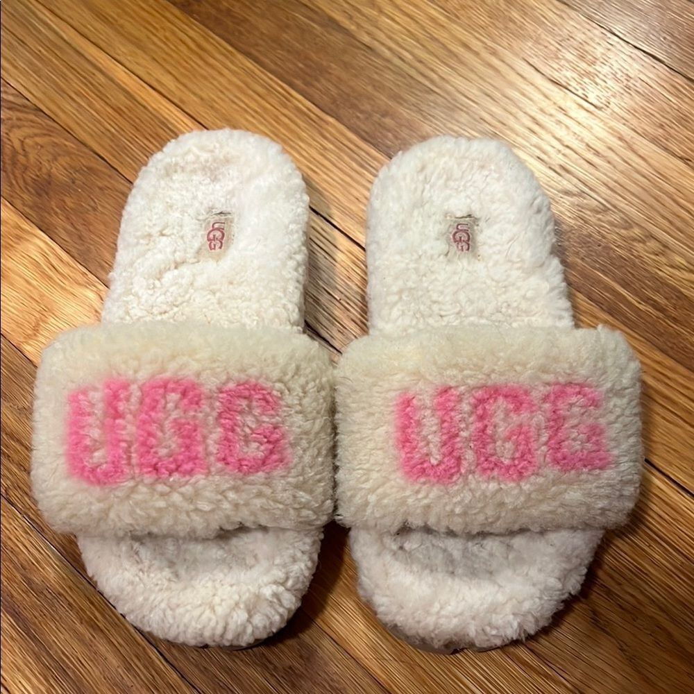UGG Cozetta Curly Graphic Slippers - Pink and Cream Size 8